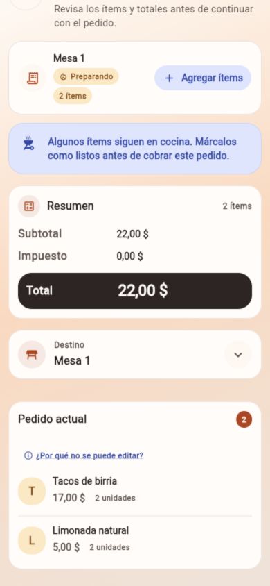 Takofy on mobile: the summary and items of an order for Table 1.