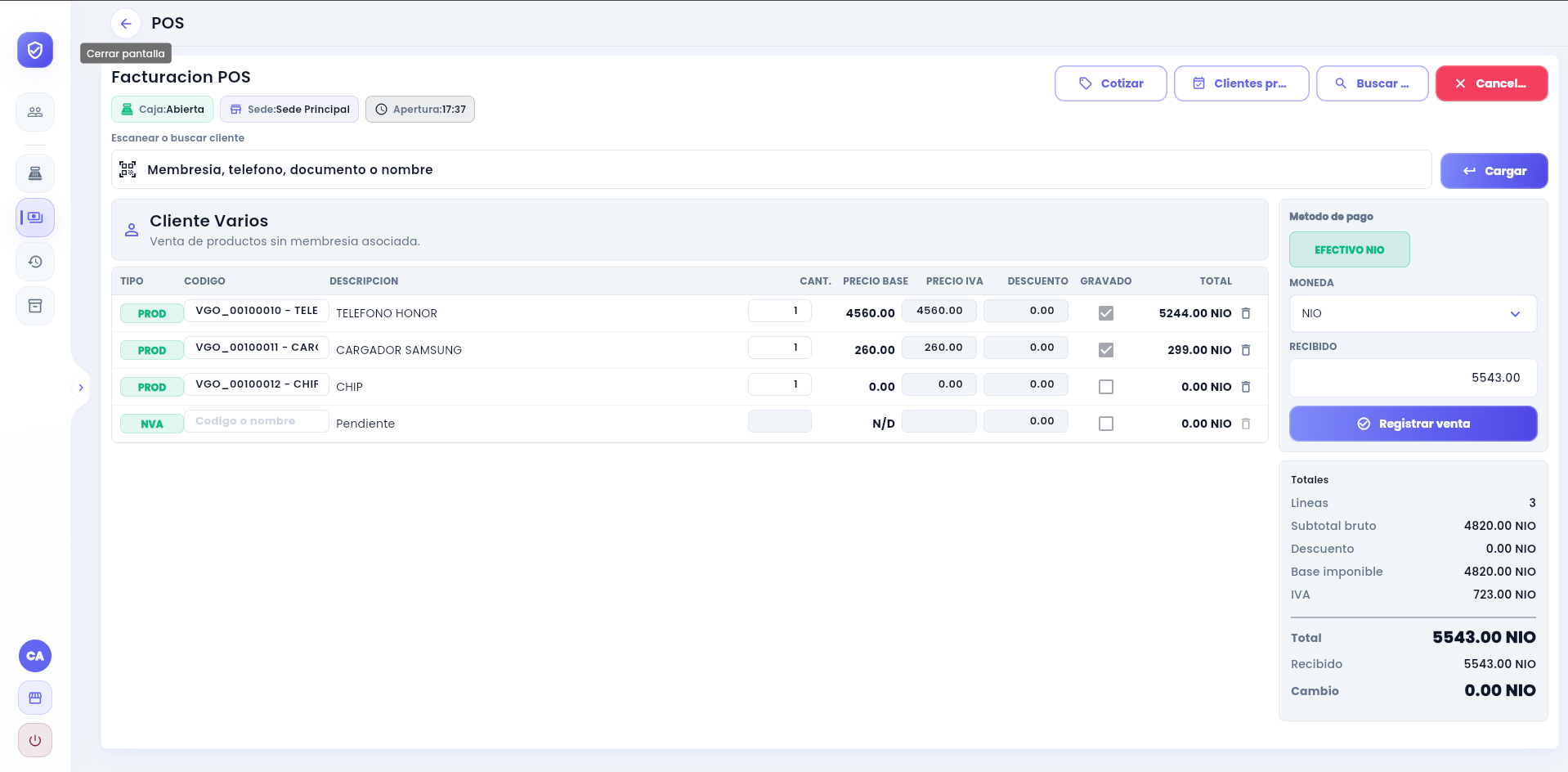 VIGGO Cash desk screen creating a second invoice with more products
