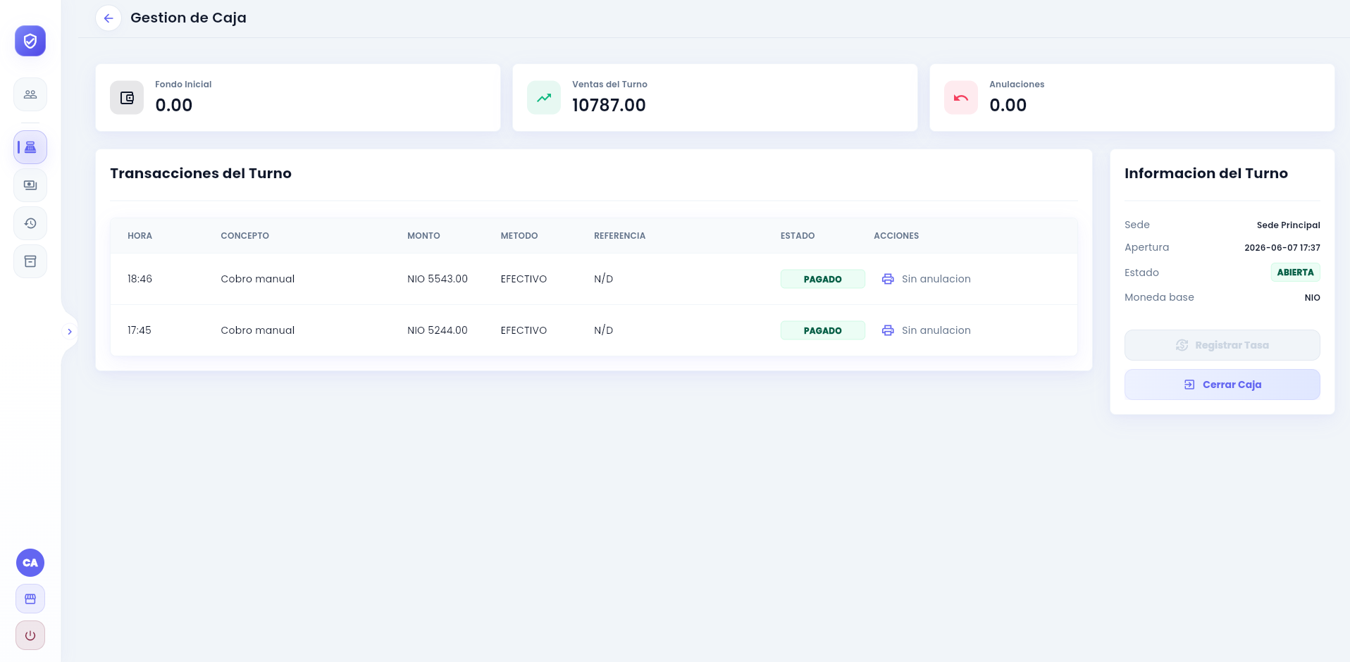 Cash register management in VIGGO, showing sales, transactions and shift details.