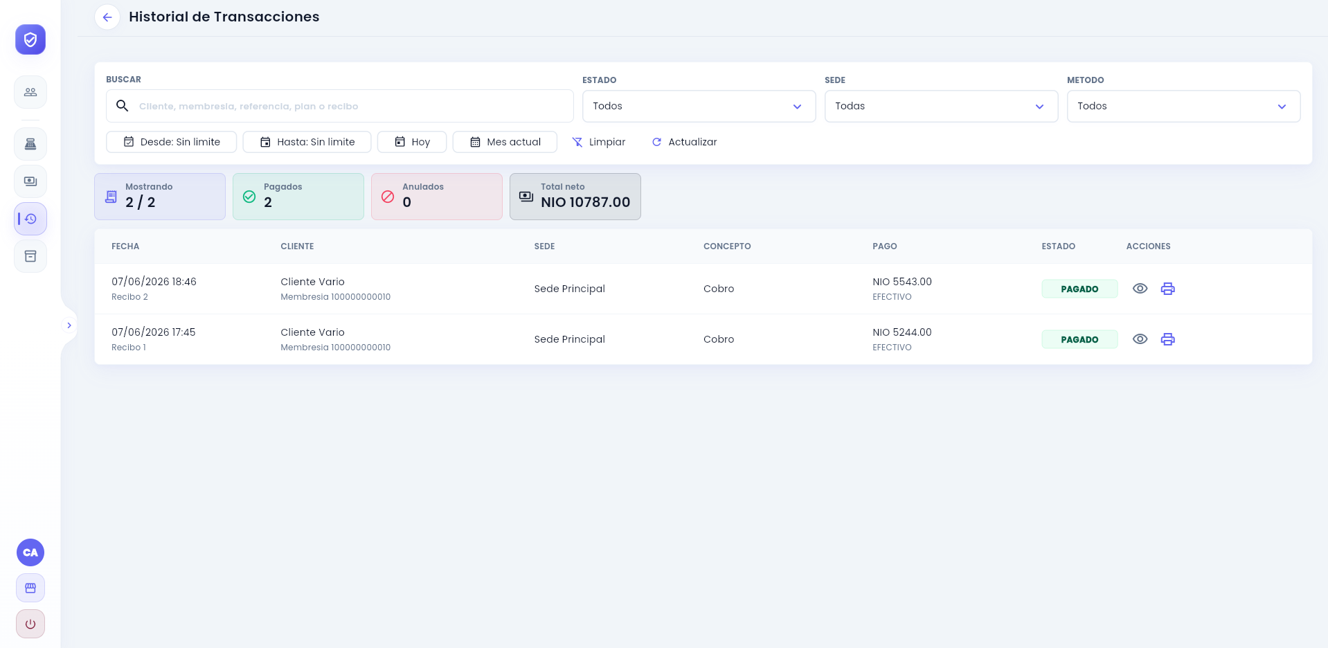 VIGGO screen showing transaction history from both invoices