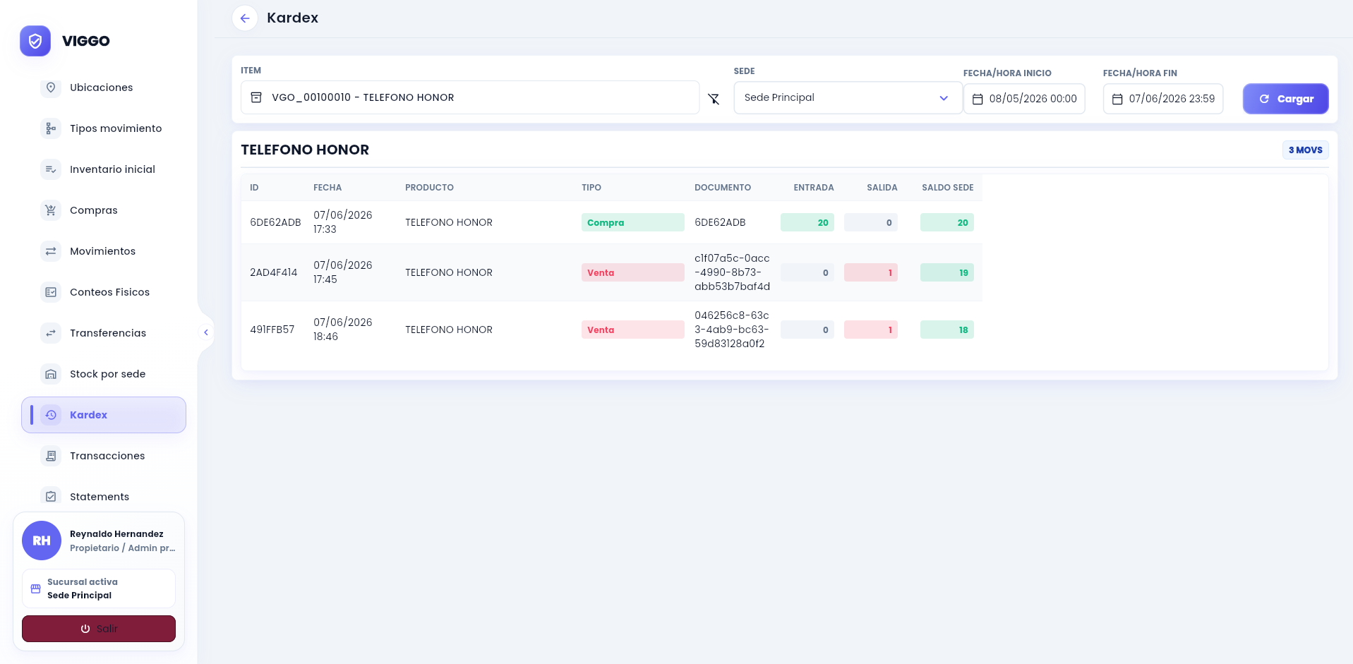 VIGGO Kardex screen showing inventory movements from both sales